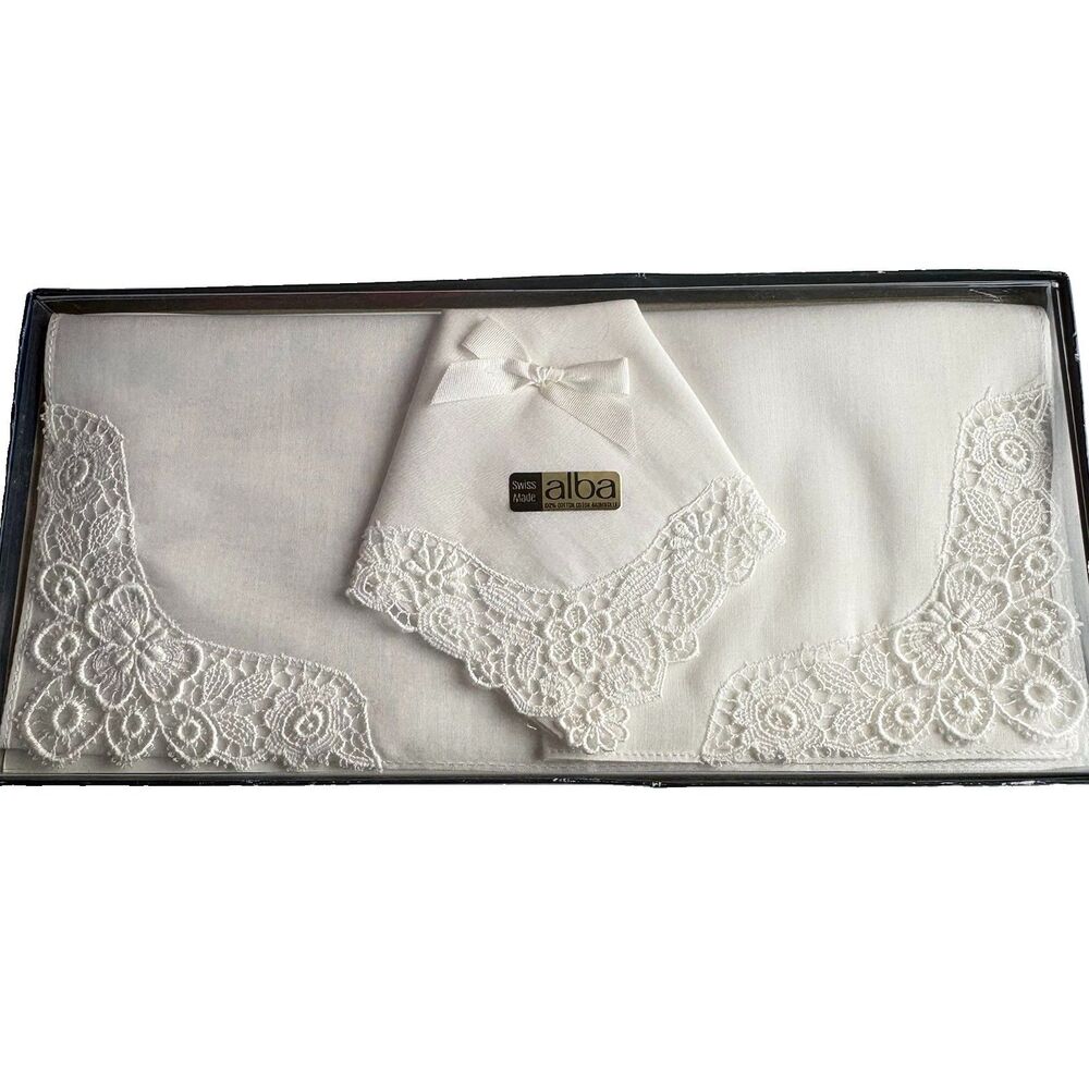 New VTG ALBA Handkerchief Set Swiss Made White w/Lace Trim 100% Cotton Boxed (3)